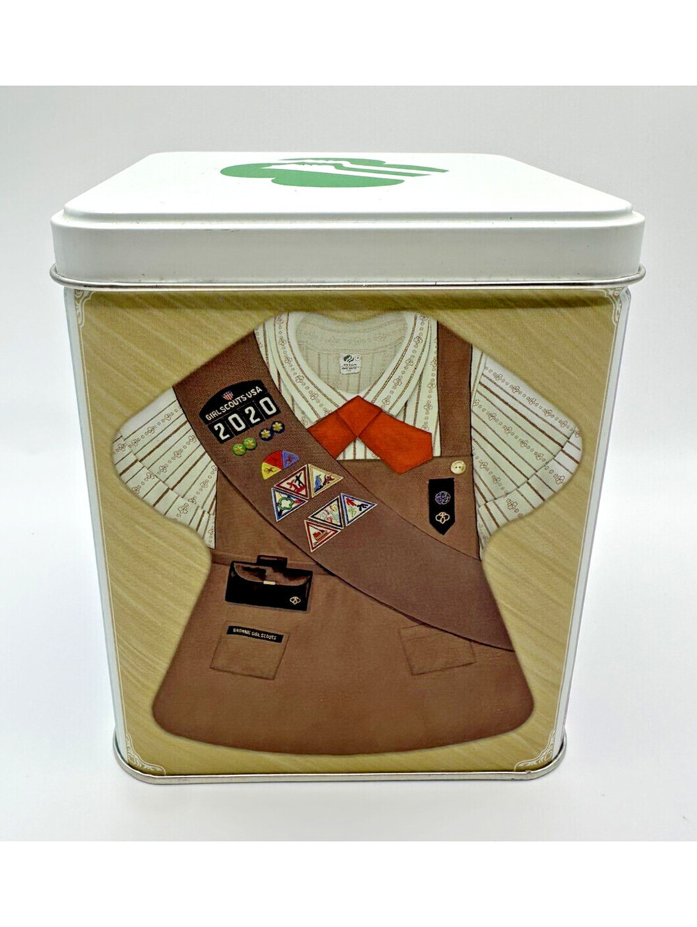 Girl Scout Brownie Tin cookie jar Depicting Four Vintage Original Uniforms can